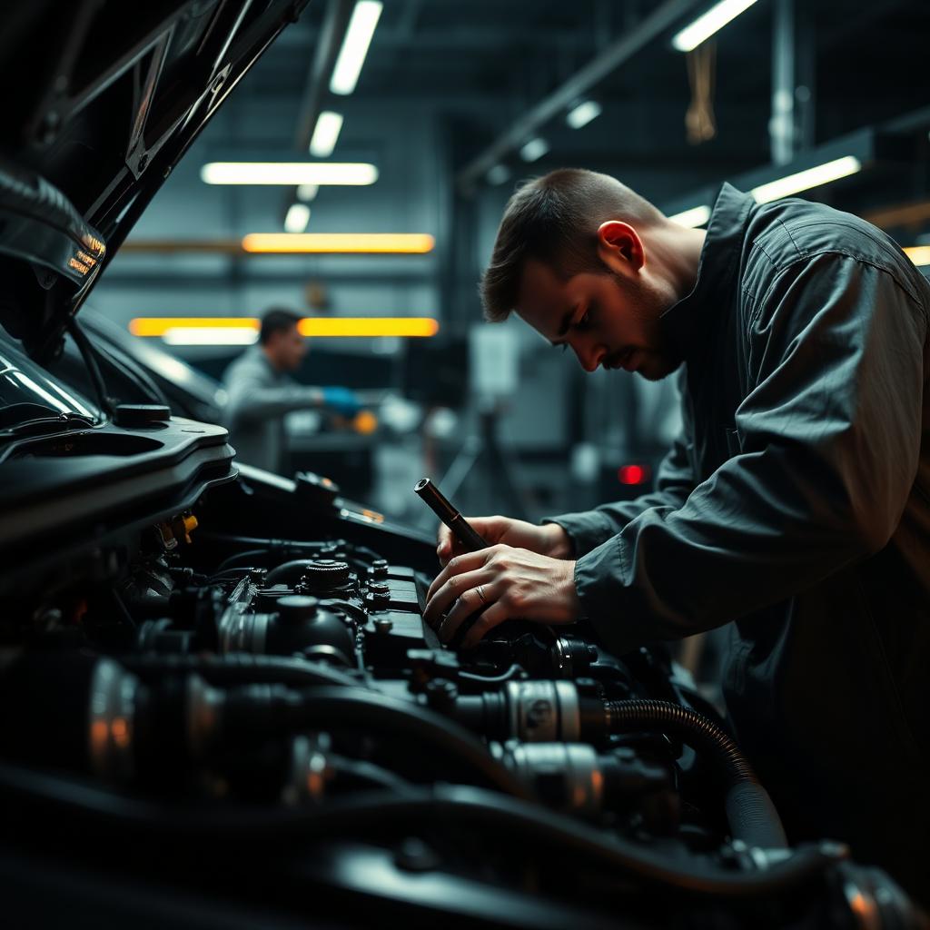 Meccanico certificato al lavoro su motore auto